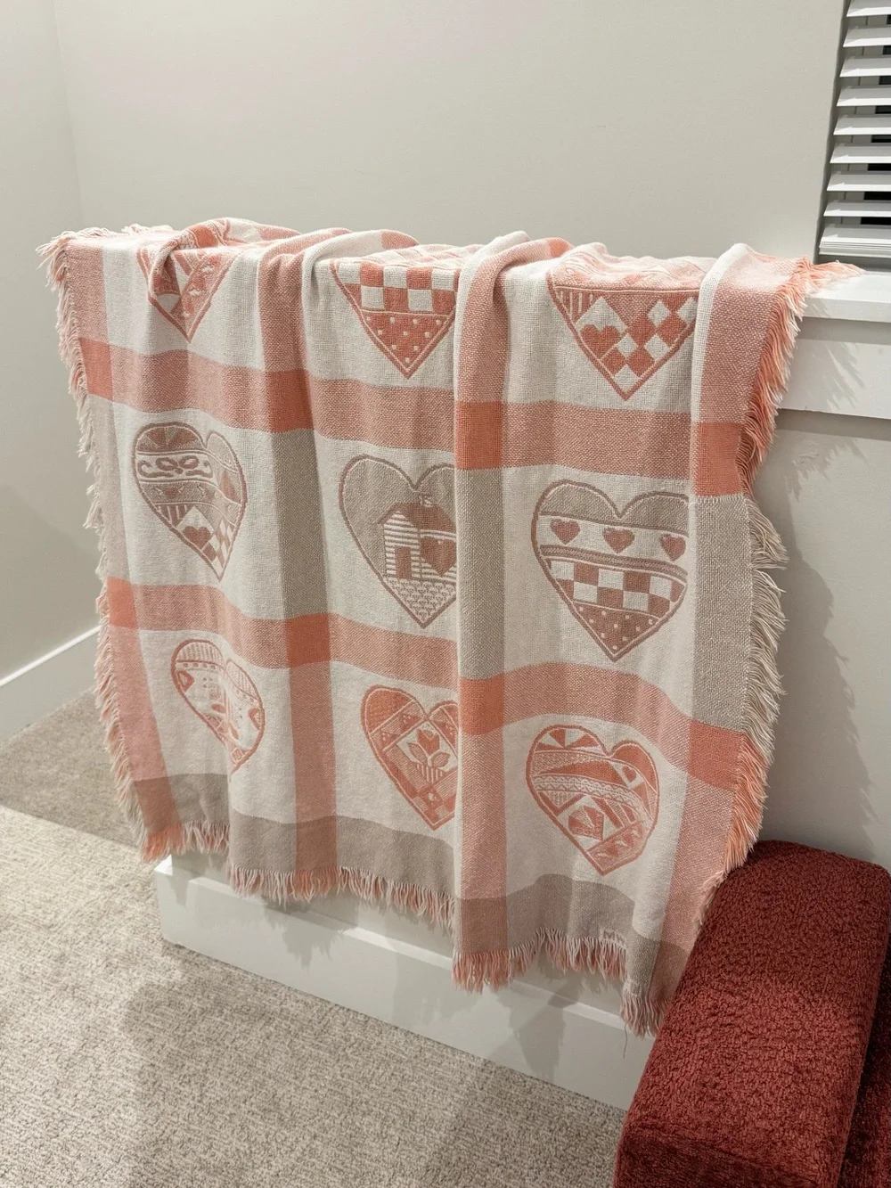 Manual Woodworkers & Weavers • Vintage 1992 Heart Sampler Tapestry Knit Blanket